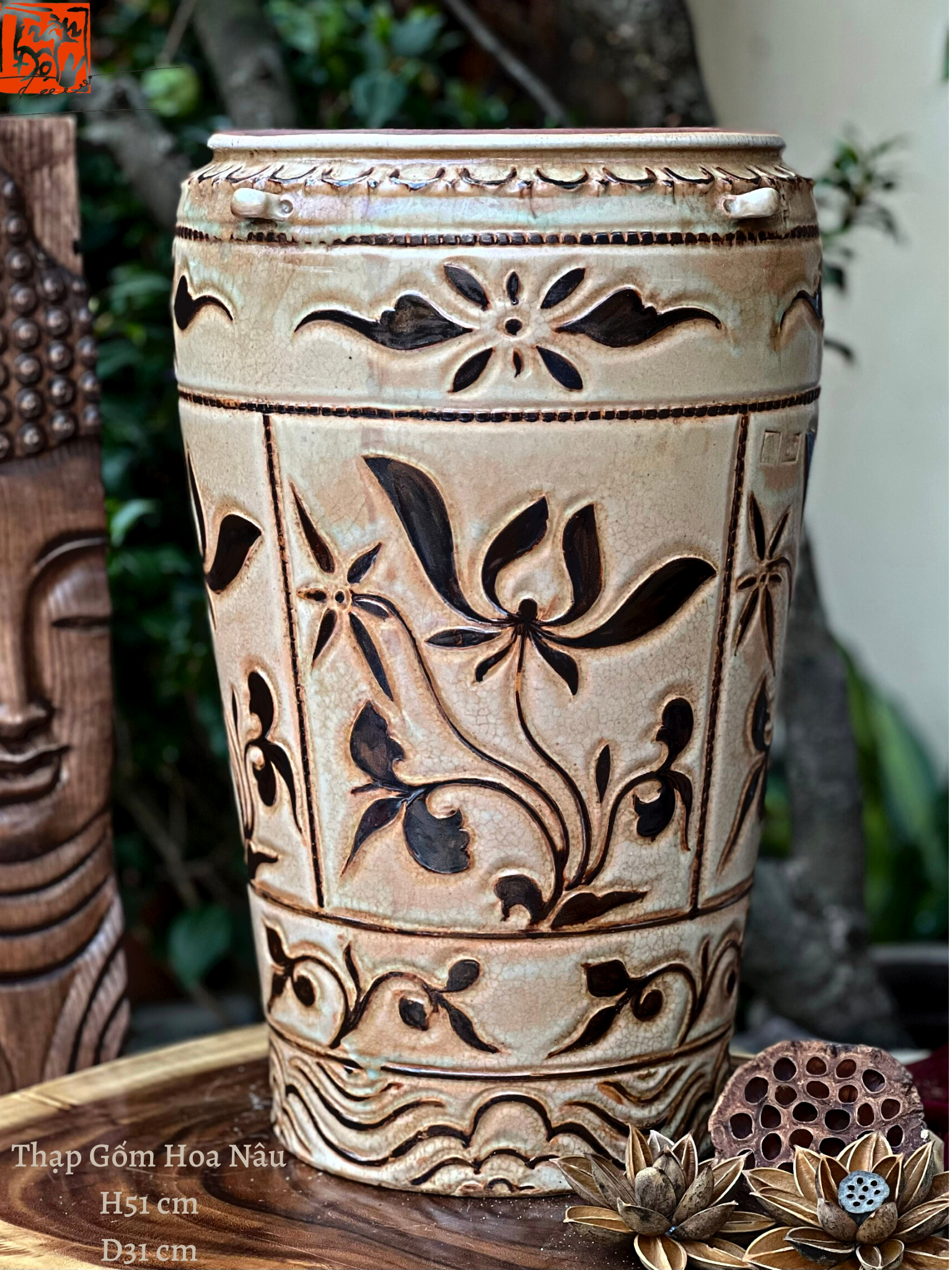 Thạp gốm hoa nâu 004